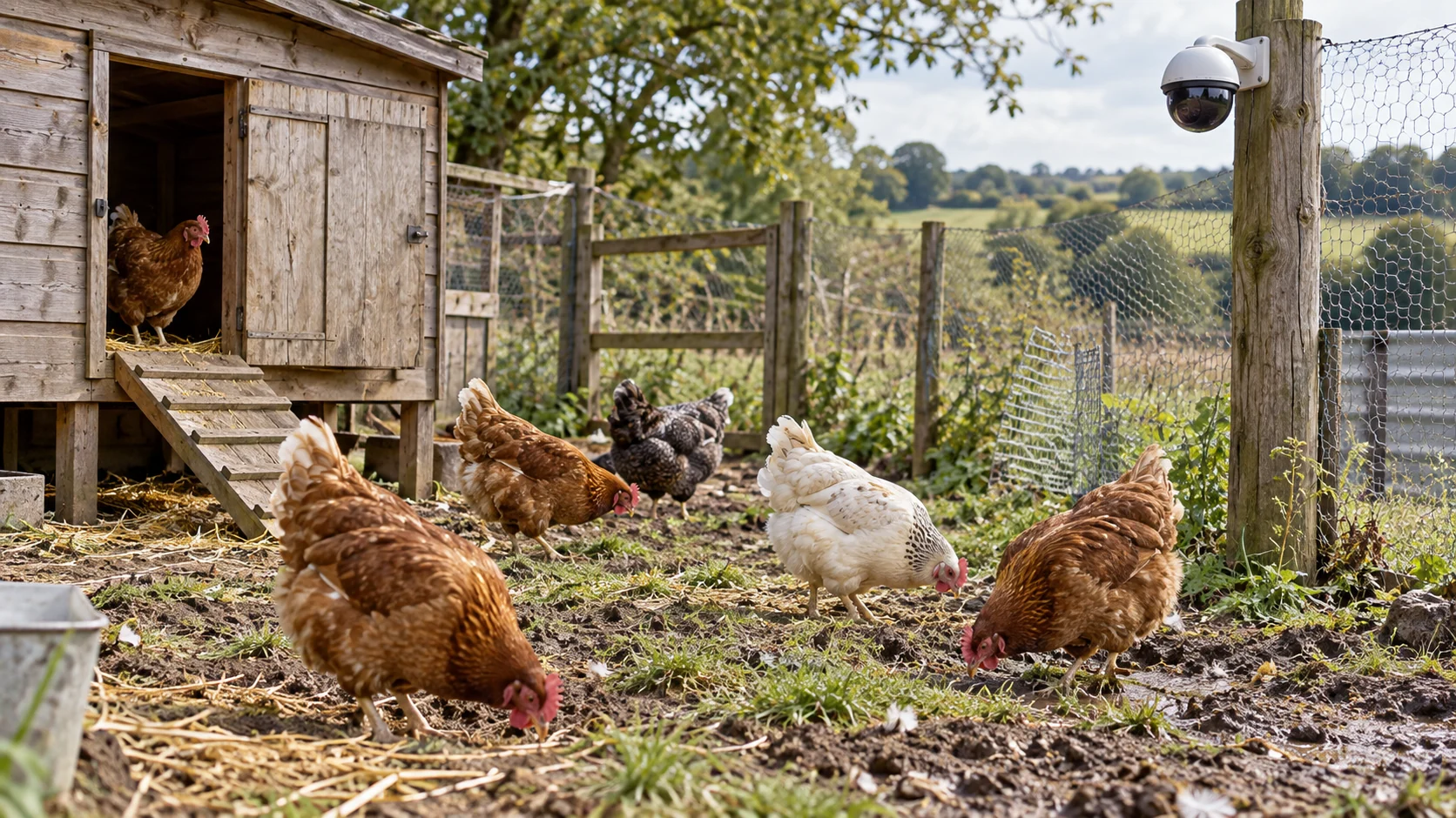 Gallinas en su entorno observadas por una cámara domo fija