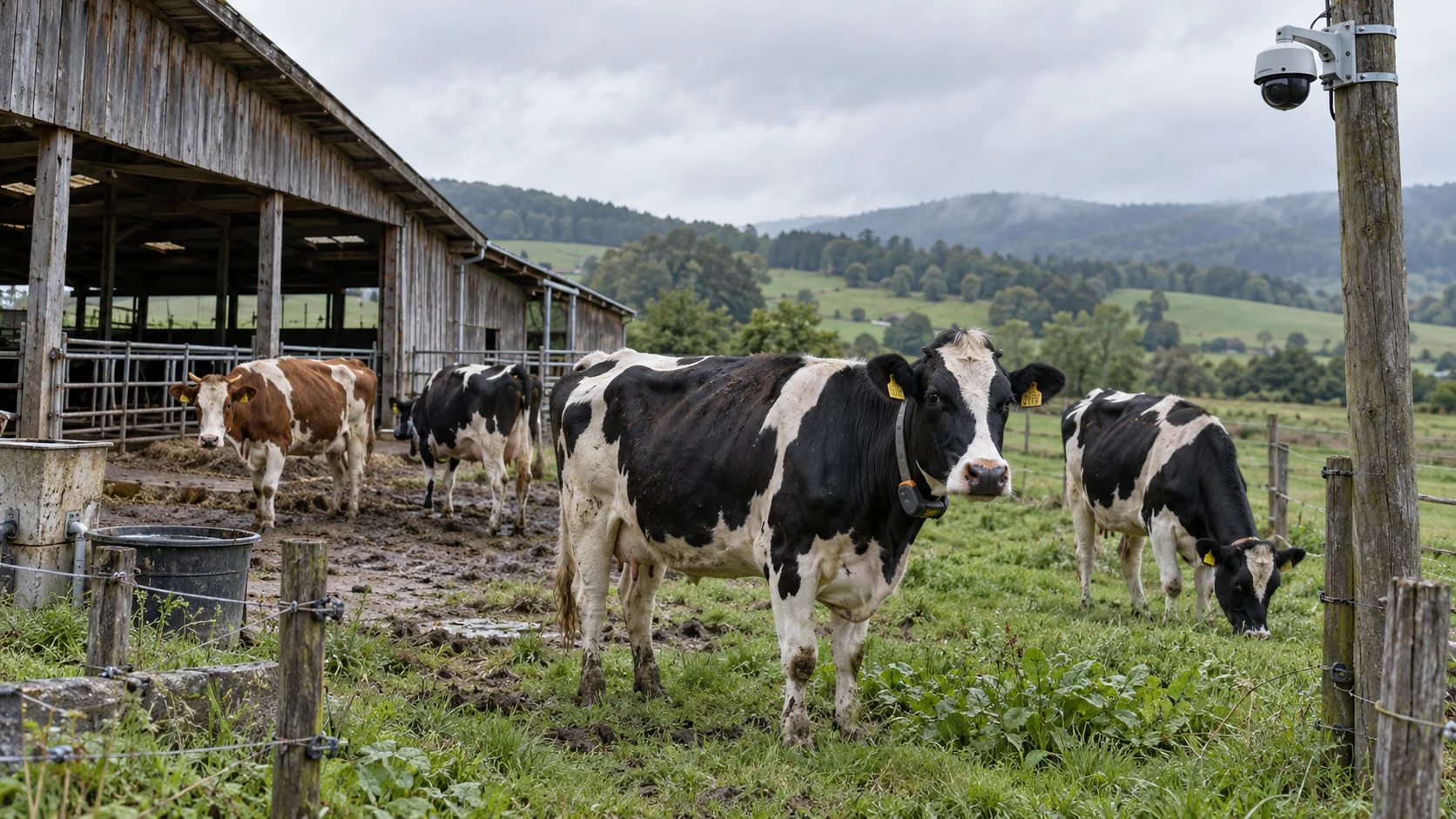 Vacas en una granja observadas por una cámara domo fija y un dispositivo GPS