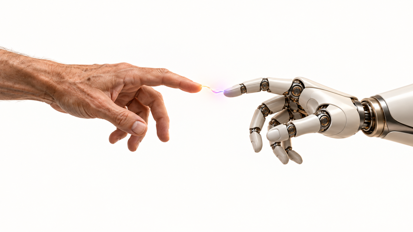 Una mano humana y una mano robótica casi se tocan, conectadas por una sinapsis eléctrica