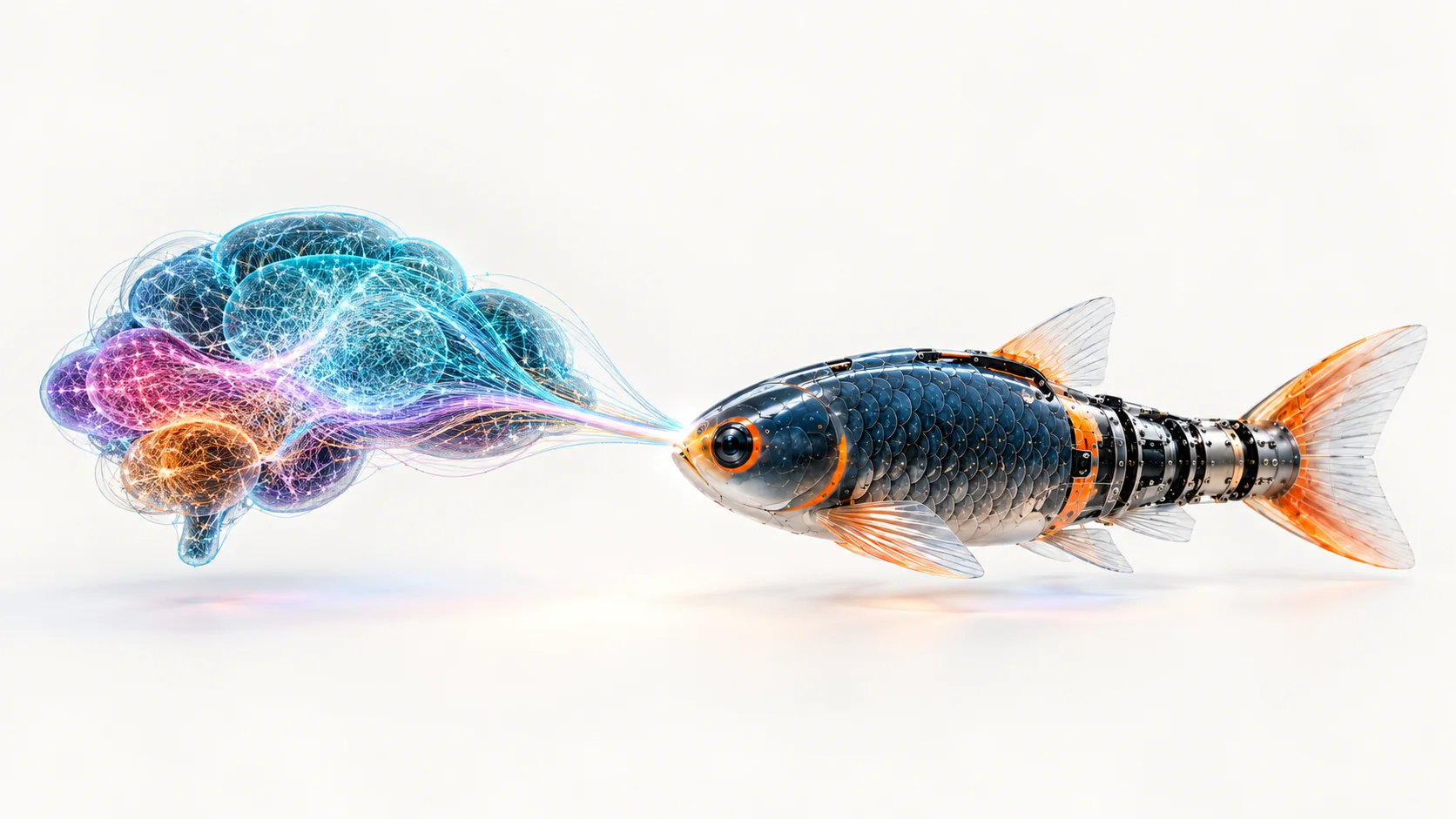 Cerebro neuronal luminoso conectado con un pez robótico biomimético